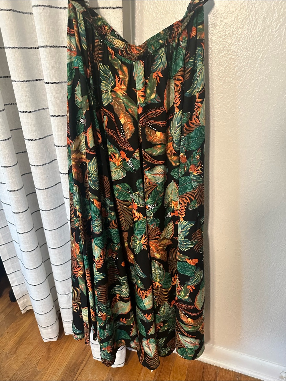 Christian Siriano Black Maxi Skirt with Green & Orange Tropical Leaf Print